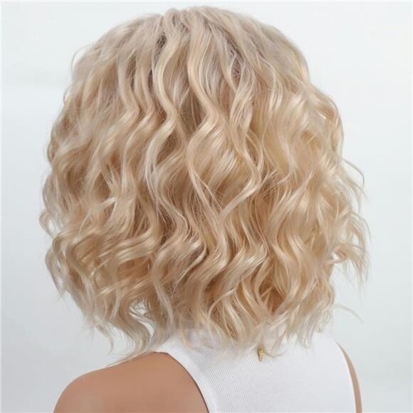 Short Platinum Blonde Wave Curly Wigs for White Women Layered Ombre